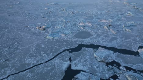 Nach-Unten-Auf-Den-Zugefrorenen,-Rissigen-See-Schwenken,-Nach-Oben-Auf-Die-Sonnenbeschienenen-Berge-Im-Hintergrund-Schwenken