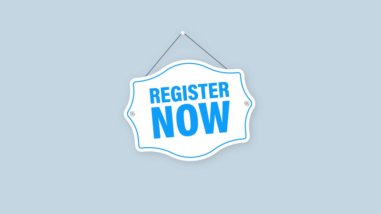 registro azul ahora etiqueta en estilo moderno en fondo blanco. promoción de banner. gráficos en movimiento.