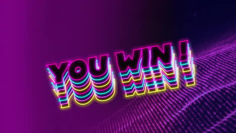 animation of you win text over purple mesh background