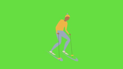 4k video of cartoon skier character on green background.