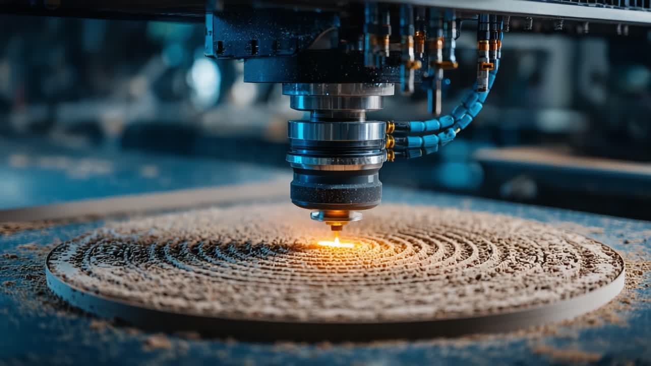 Precision Laser Cutting on Wood: A Close-Up of a CNC Machine Carving Intricate Spiral Patterns into a Wooden Disk with High-Quality Laser Technology