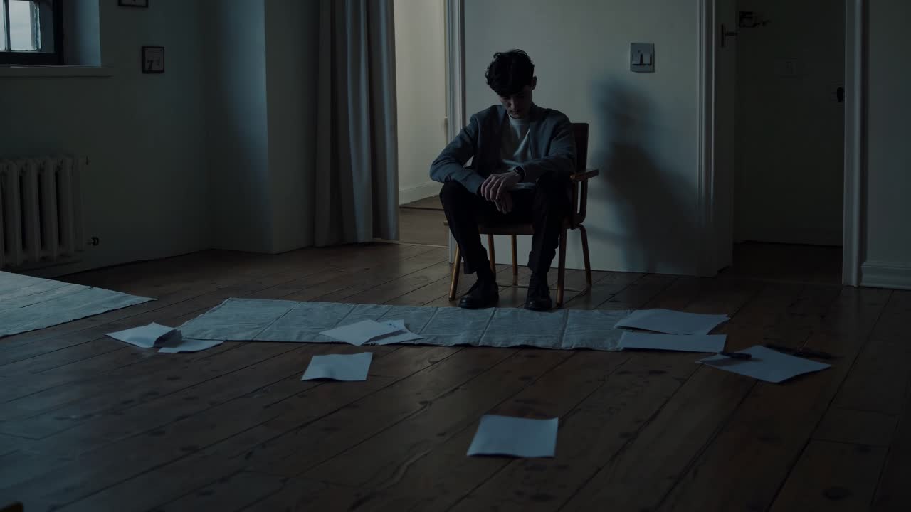 Scena video suggestiva con un'angolazione laterale di una stanza poco illuminata. Una persona siede pensierosa a un tavolo.