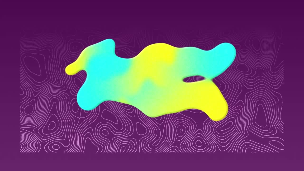 Animation of bright blue and yellow paint blob over organically moving purple topographical chart