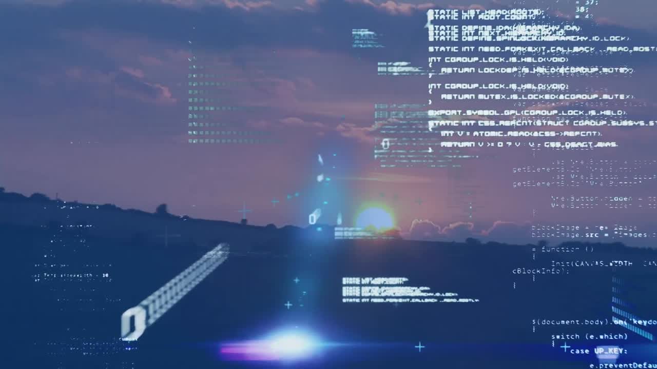 animación de diversos procesamientos de datos sobre el paisaje al atardecer