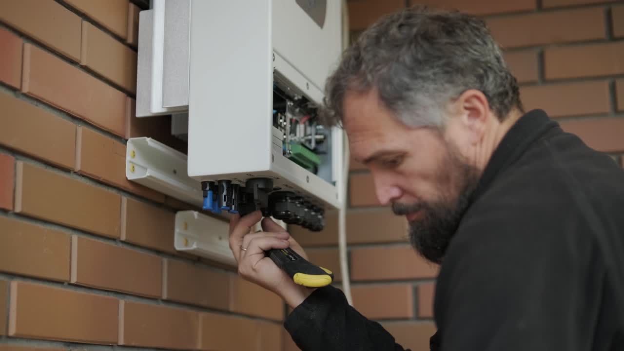 un electricista instalando un inversor en un hogar. la imagen muestra habilidad técnica, herramientas modernas y atención a la seguridad en el trabajo eléctrico
