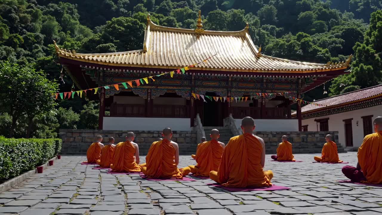 Wide-angle video shot of monks in orange robes meditating outdoors, facing a traditional temple
