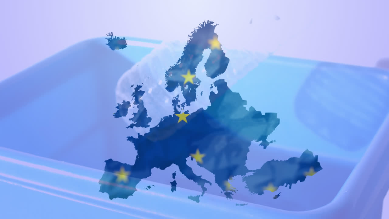 Animation af stjerner fra EU-flaget med genbrugskasser på lilla baggrund