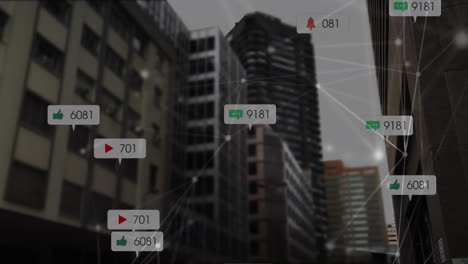 animation of network of connections with social media icons over cityscape