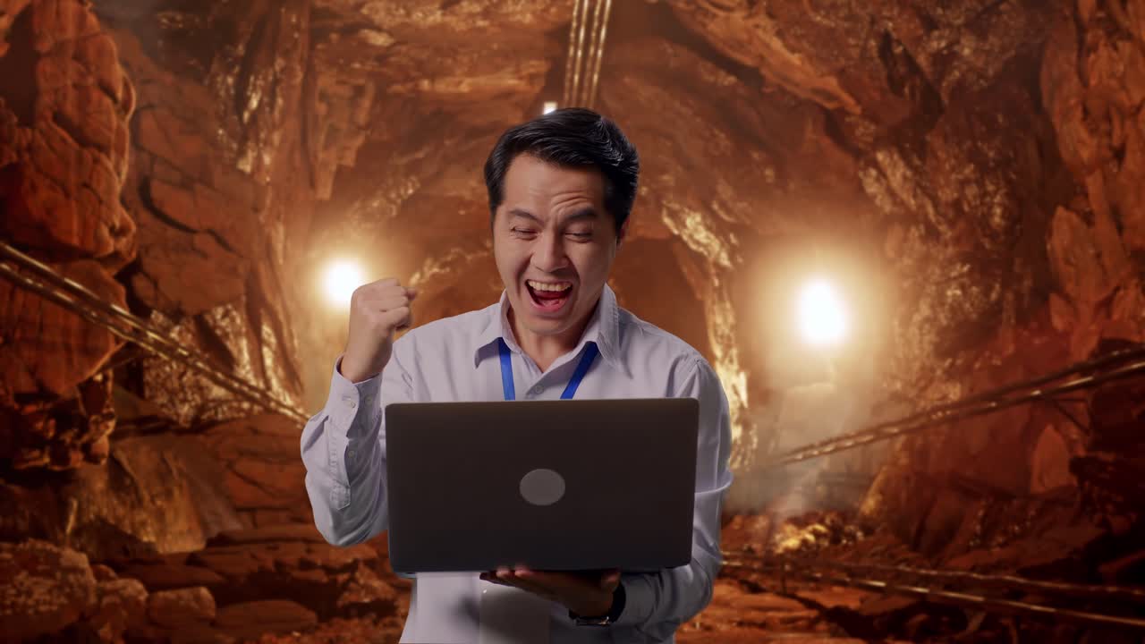 Asian Male Professional Worker Standing With His Laptop In Underground Mine Tunnel, He Raises His Fist Up With Screaming Goal