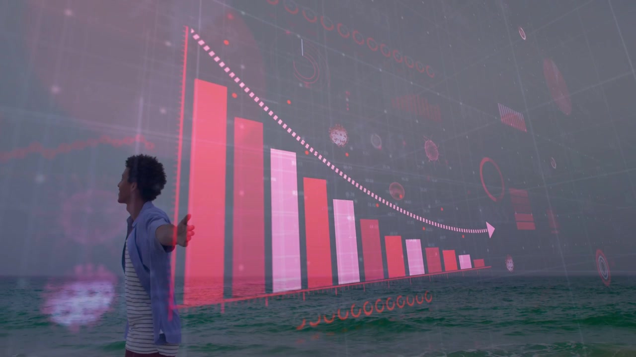 Man walking beach, finance chart rising and growing over sea, casting pink glow showing market drop