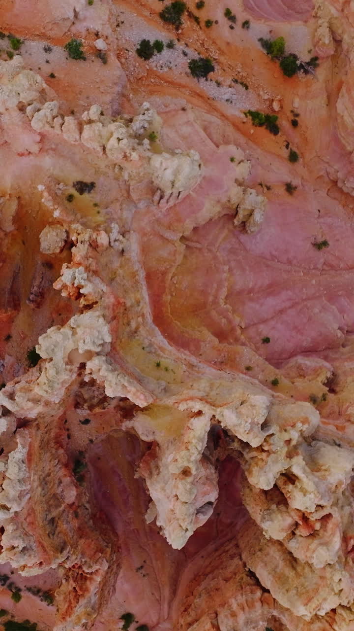 Amazingly shaped rocks of beautiful coral color. Bryce National Park canyons from top view at daytime. Vertical video
