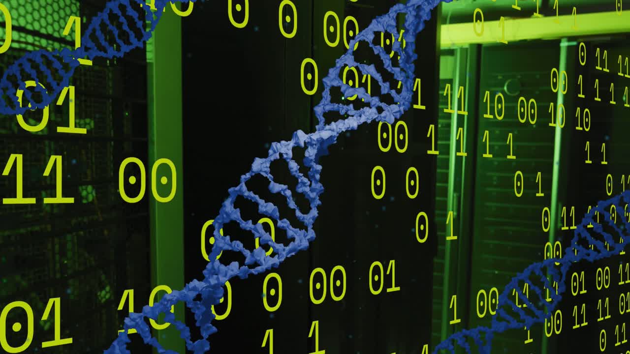 Animation of dna strands and binary coding over server room