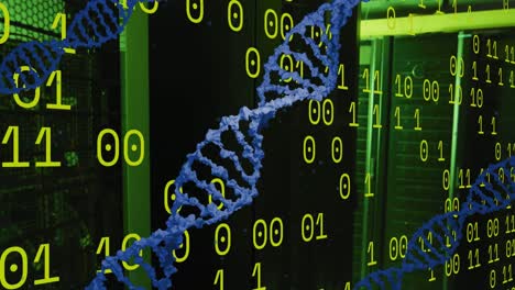 Animation-of-dna-strands-and-binary-coding-over-server-room