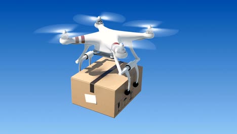 quadcopter delivering a package in blue sky. seamless 3d animation with green screen and alpha mask. modern delivery concept.