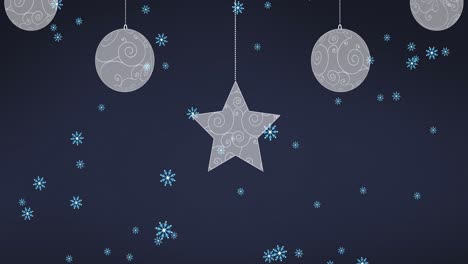 Animation-of-christmas-decoration-over-snow-falling-on-dark-background