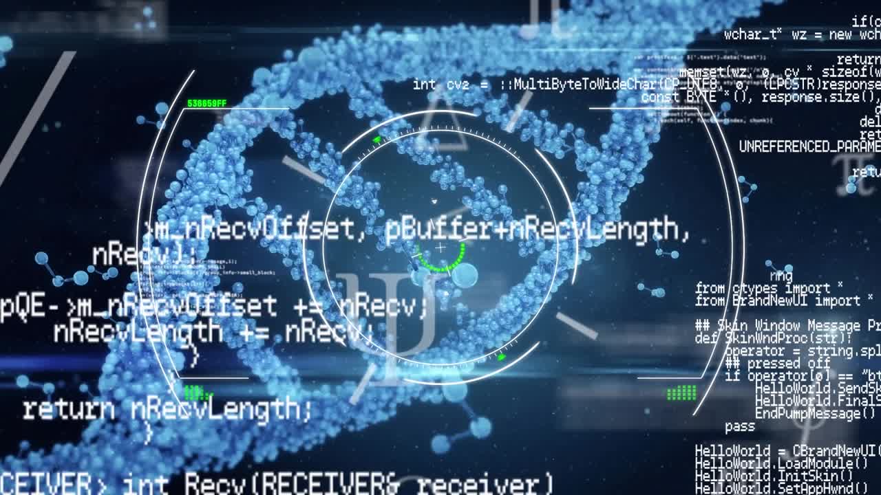 Animation of scope scanning over spinning dna structure and data processing on blue background