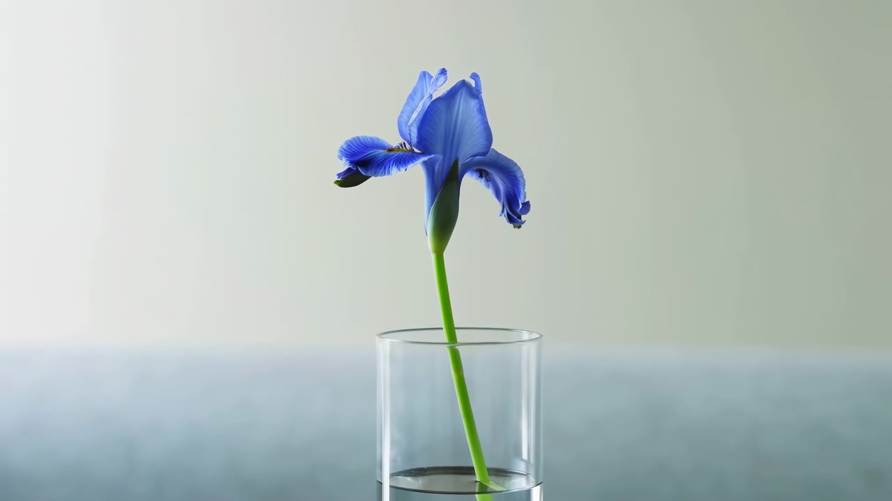 En ensam blå iris i glas, minimalistiskt studio-stilleben med delikata kronblad, smal grön stjälk i klart vatten