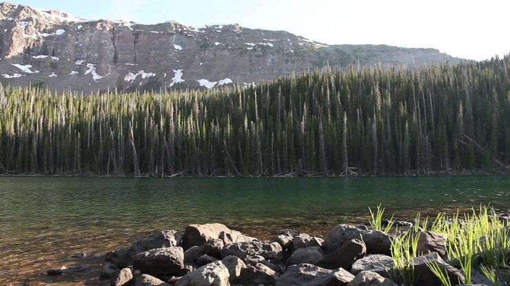 Odlehlé hluboké jezero nacházející se pod útesy Chinese Wall v oblasti divočiny Flat Tops, Colorado, USA.