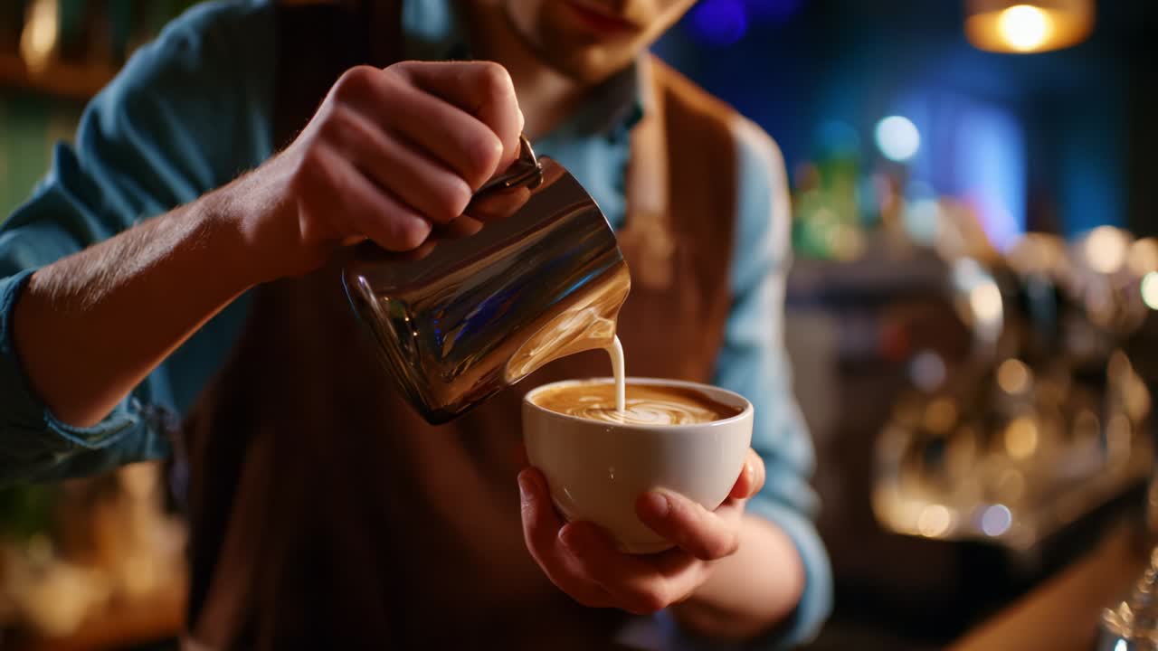 Barista pouring milk to make latte art