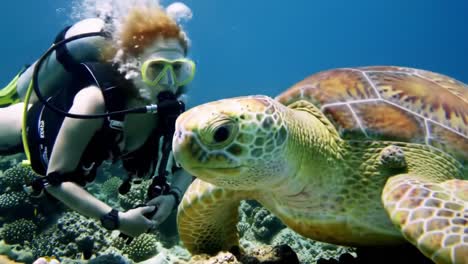 an underwater encounter: exploring the mystical bond between a diver and a majestic sea turtle in vibrant coral reefs