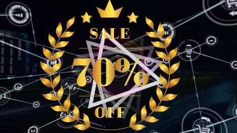 Animation-of-connections-over-wreath-with-70-percent-sale-on-black-background