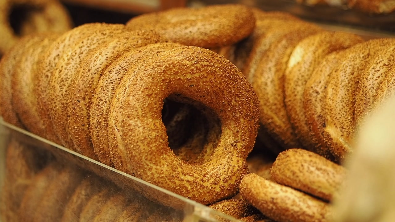 Close-up of Golden Brown Turkish Simit in a Bakery