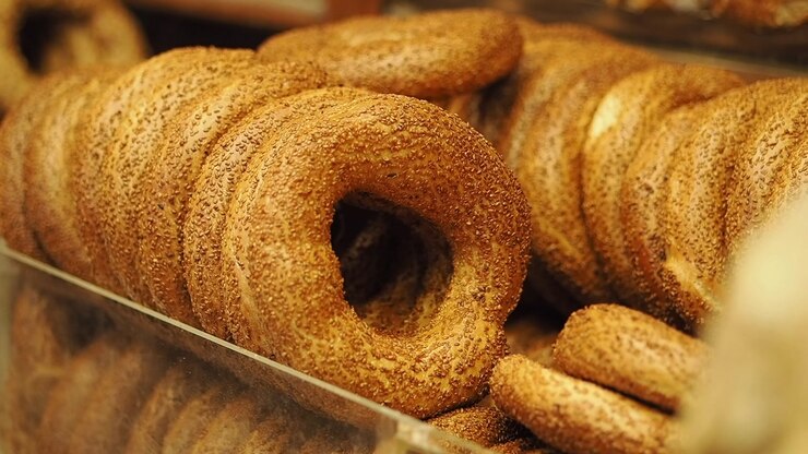 Close-up of Golden Brown Turkish Simit in a Bakery