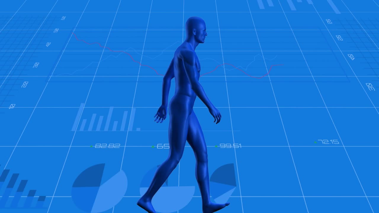 파란색 배경에 데이터 처리에 대한 디지털 인간 애니메이션