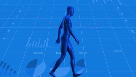 animation of digital human over data processing on blue background