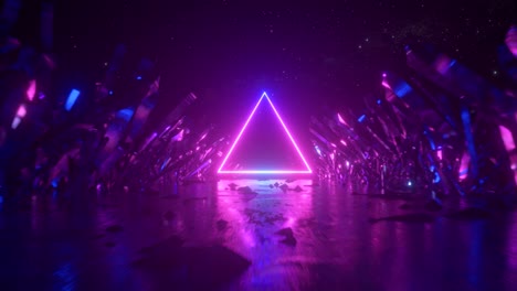volando en el espacio abstracto a lo largo de cristales y rocas. espectro de luz de neón azul púrpura ultravioleta moderno. paisaje cósmico misterioso, realidad virtual, espacio exterior. bucle sin costuras 3d render