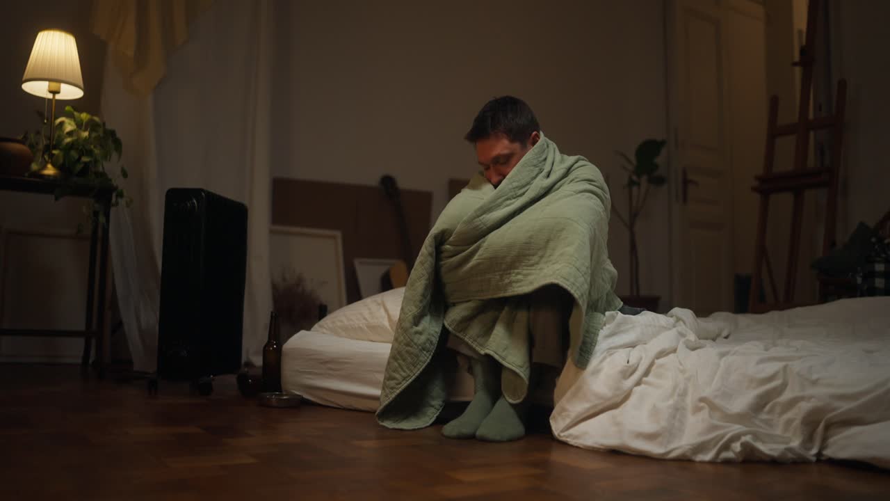 Man wrapped in blanket on the floor