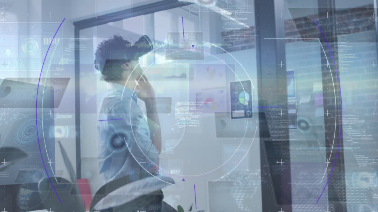 Animation of data processing and scope scanning over biracial businessman wearing vr headset