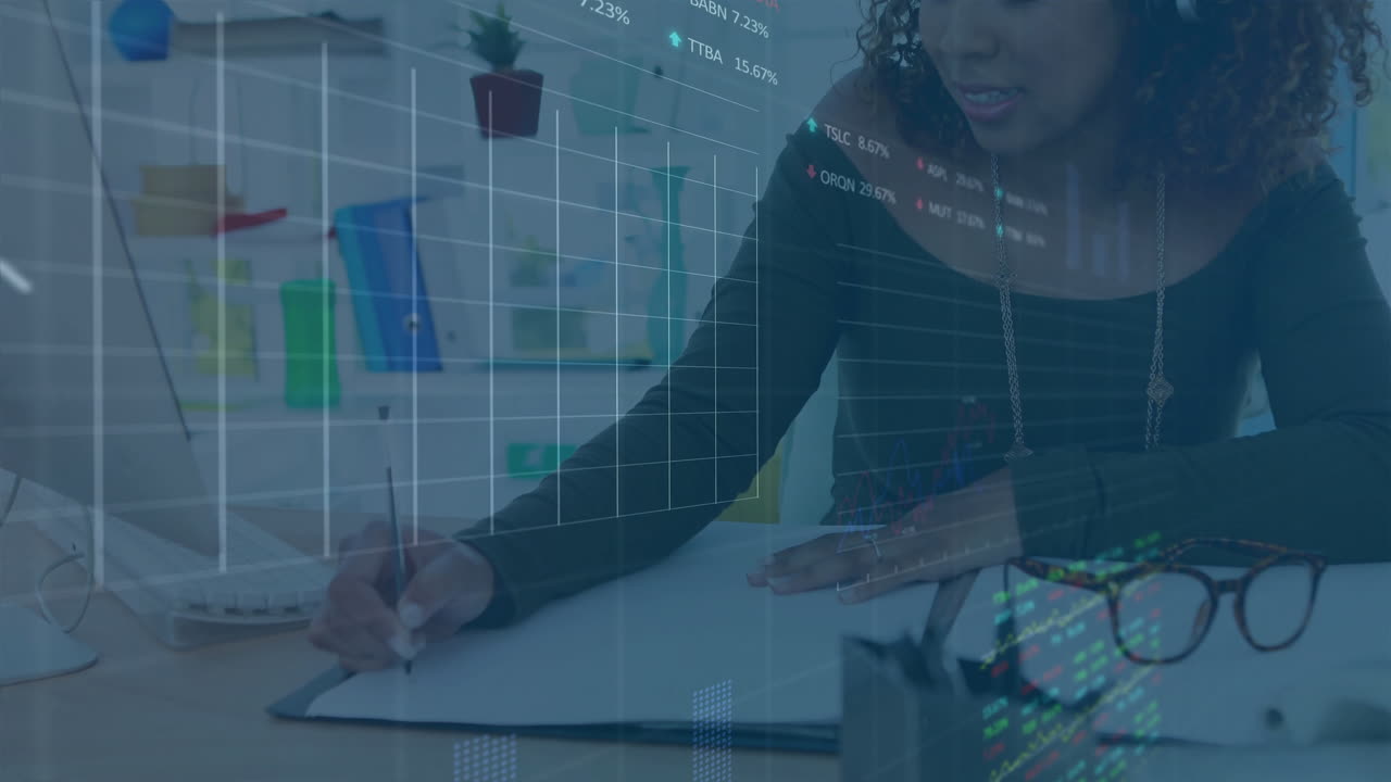 Woman drawing on tablet in home office, showing animated stock market charts and percentages