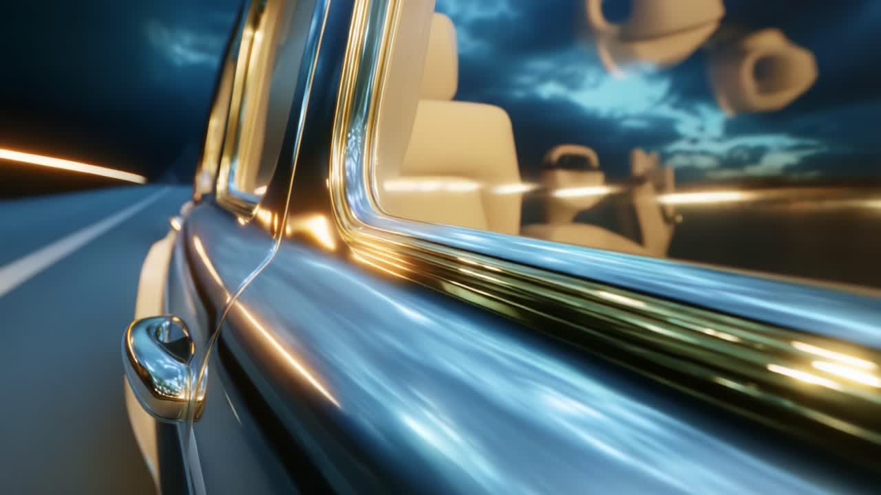 A Stunning Glimpse of Luxury Travel at Dusk: The Reflection of Street Lights on Polished Car Windows Showcasing Modern Design and the Serenity of a Journey Under a Beautiful Evening Sky