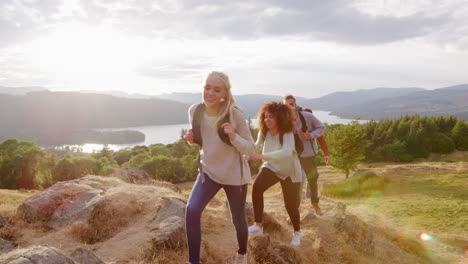 un grupo multiétnico de cinco felices amigos jóvenes adultos alcanzando la cumbre durante una caminata por la montaña, de cerca