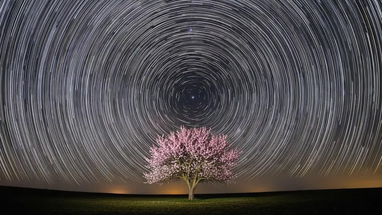 A mesmerizing star trail captured around a radiant pink cherry blossom tree, showcasing the beauty of the night sky in a stunning long exposure photograph