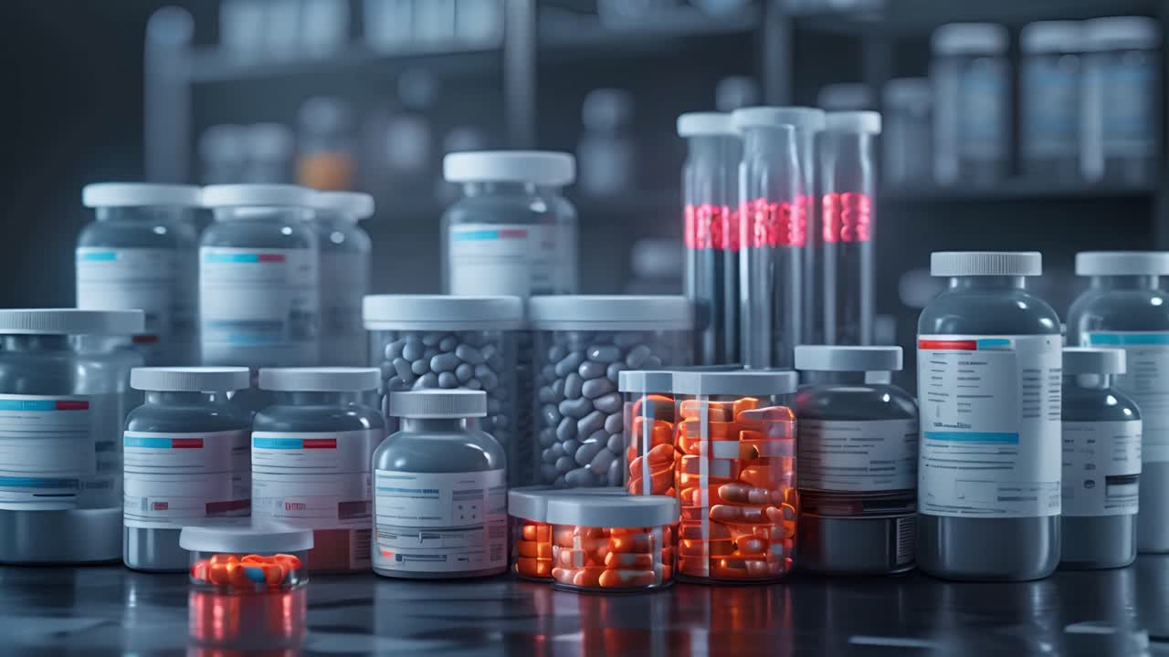 A collection of various medicine bottles and pill containers in a healthcare or laboratory setting, with some pills glowing