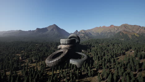 neumáticos de coche abandonados en las montañas