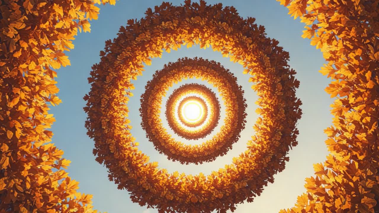 A Captivating Symmetrical View of Autumn Leaves Forming Spirals Towards a Radiant Sun in a Clear Sky, Celebrating the Beauty of Nature in Stunning Detail