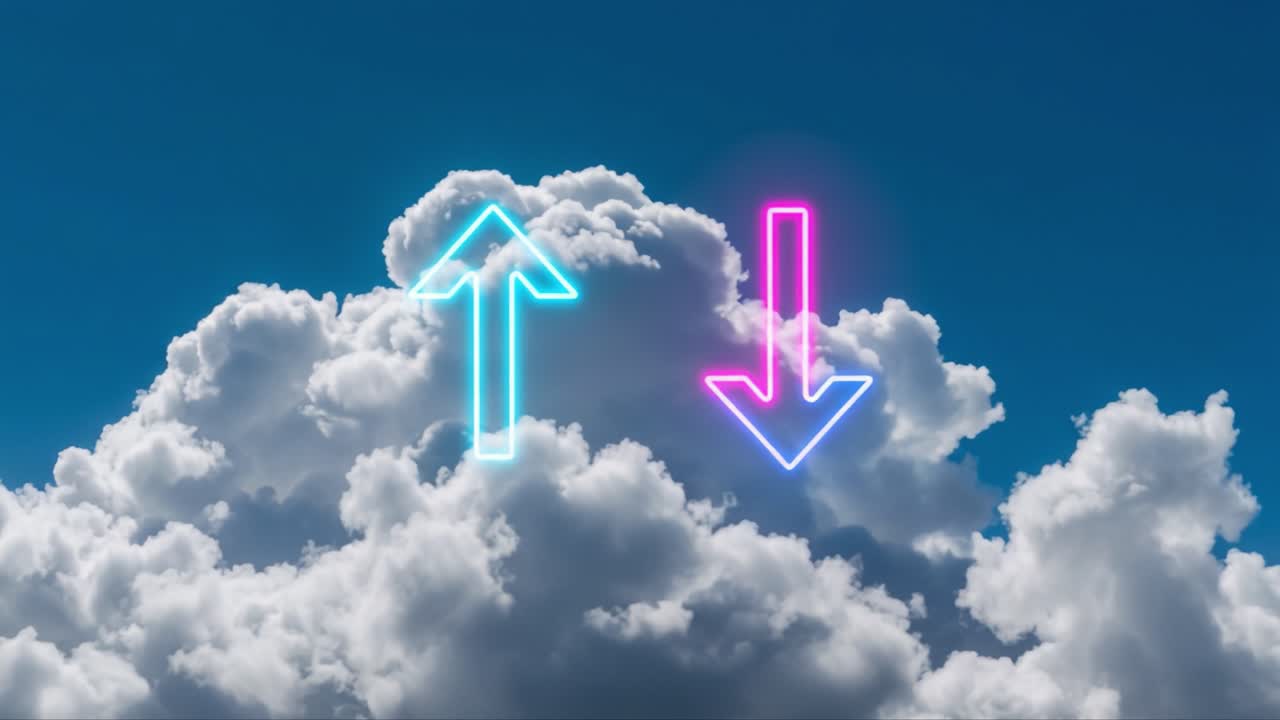 A Dynamic Visual Contrast of Clouds with Neon Arrows Signifying Upward and Downward Movement Against a Bright Blue Sky