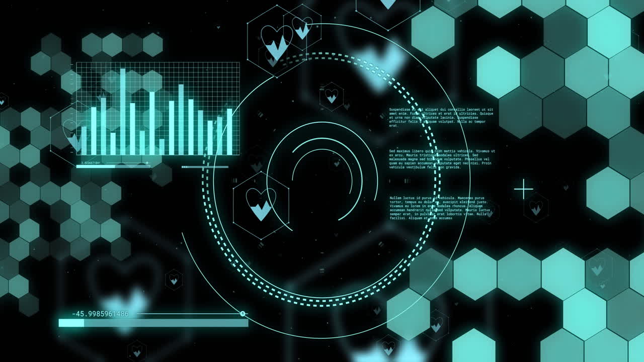 Animation of scopes and scientific data processing over black background