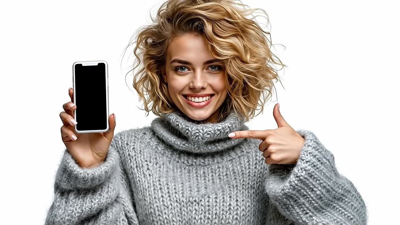 Una donna che tiene in mano uno smartphone e lo indica
