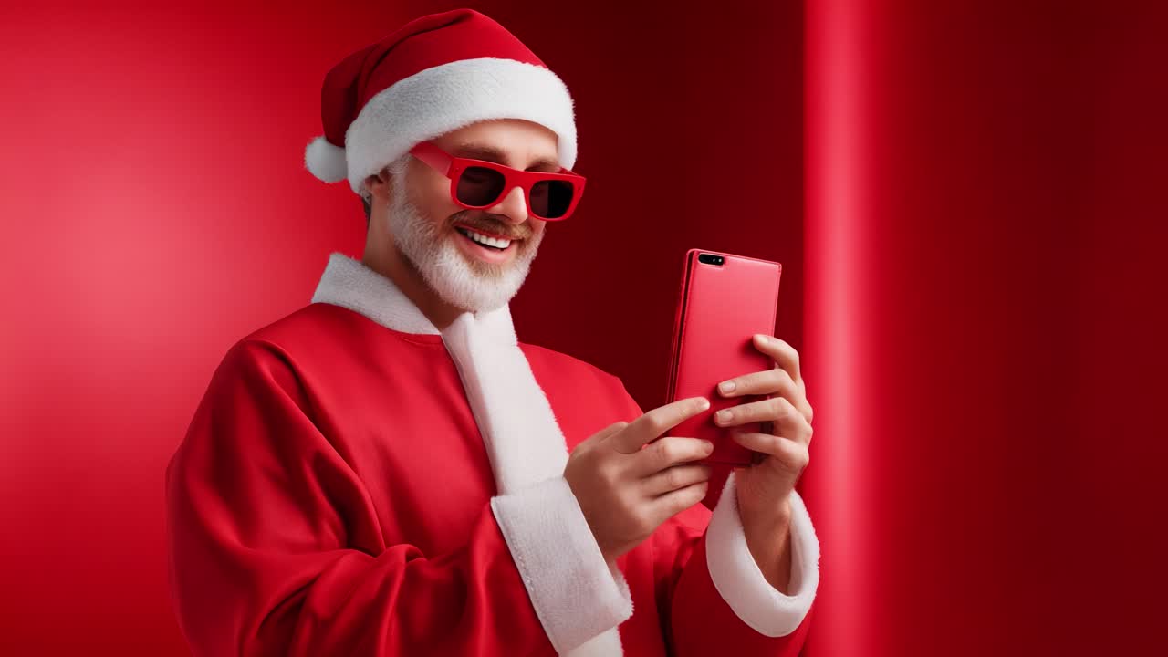 Cheerful Santa Claus with Sunglasses and Smartphone Captures the Spirit of the Holidays in a Vibrant Red Setting, Radiating Joy and Festivity in Every Frame