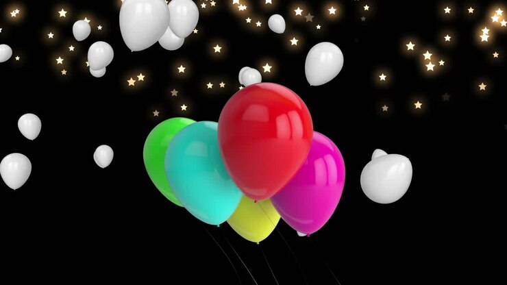 Animazione di palloncini colorati che volano sopra le stelle su sfondo nero.