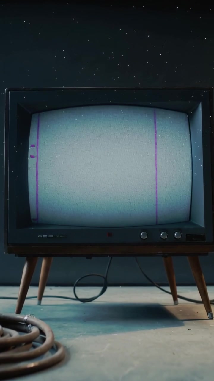 Video verticale: Telecamera che zooma mostrando una TV CRT che si spegne sul pavimento dello studio, linee magenta, cavo arrotolato.