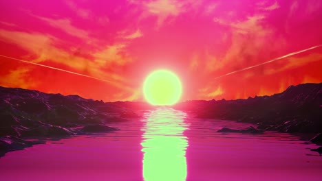 retro 1980s animation with rocks, river, sun and cyberpunk pink