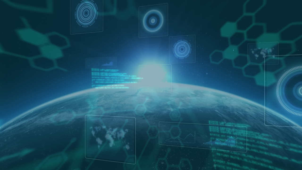 Animation of round scanners, data processing and chemical structures over light spot and globe