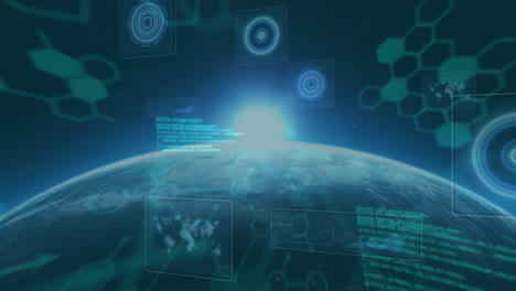 animation of round scanners, data processing and chemical structures over light spot and globe
