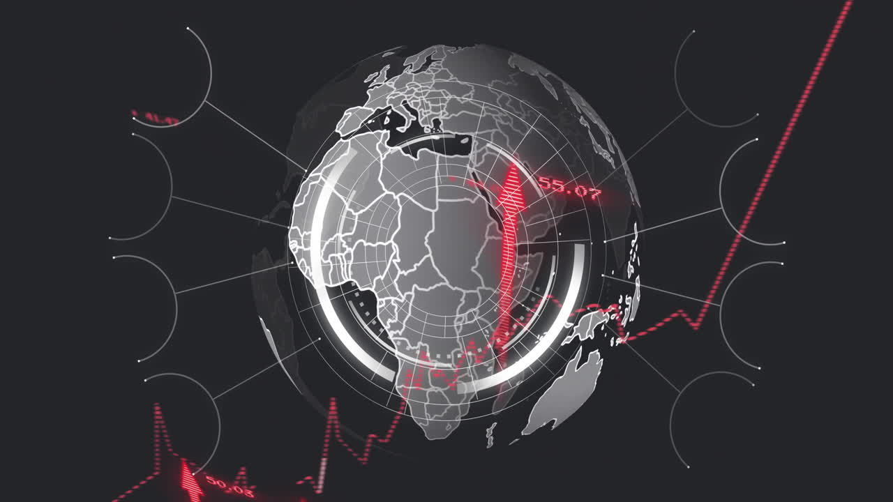 Animation of globe, networks and digital data processing over black background