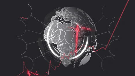 Animación-Del-Globo,-Redes-Y-Procesamiento-De-Datos-Digitales-Sobre-Fondo-Negro